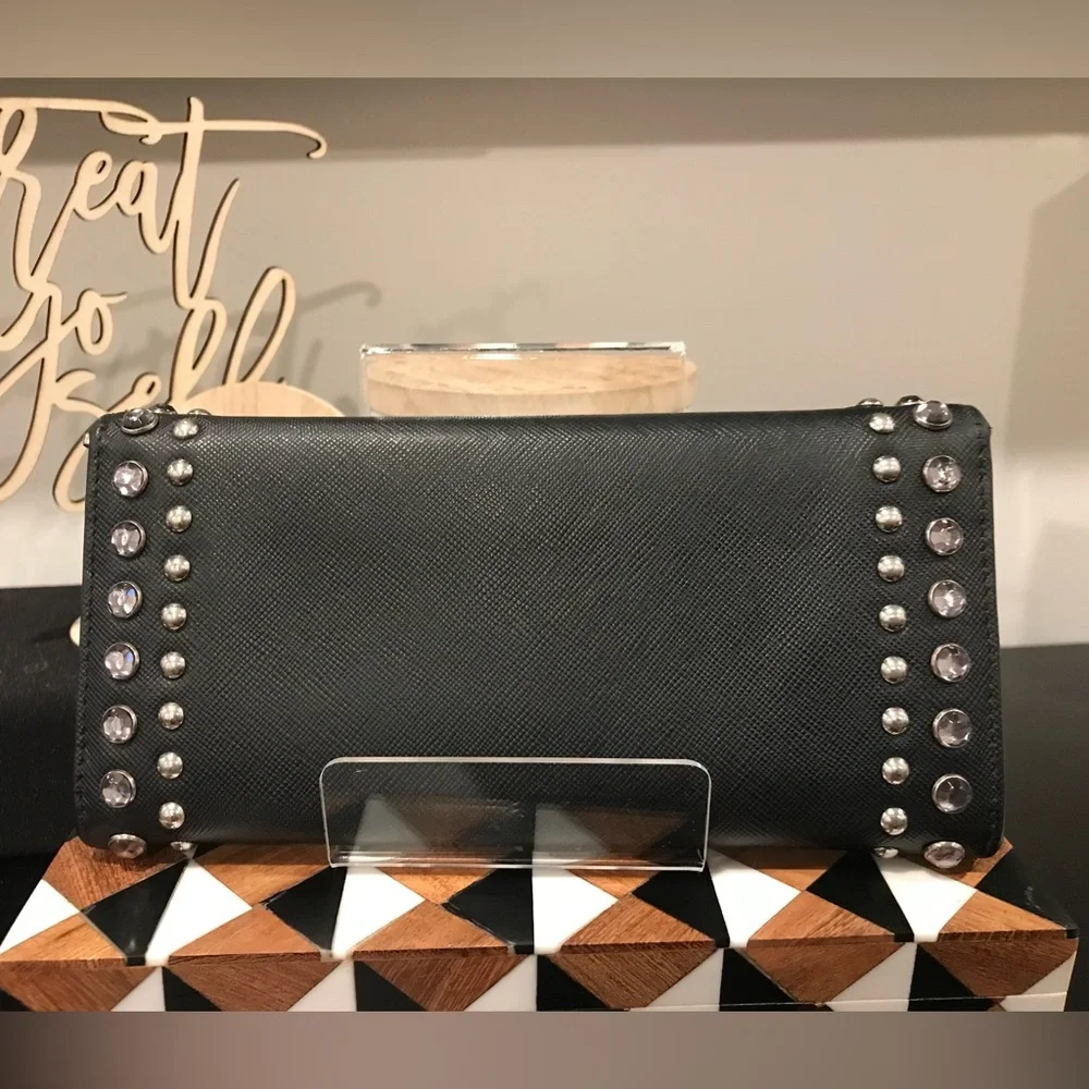 ‼️SALE‼️ *EUC* Prada Black Saffiano Leather Wallet w/Swarovski Crystals - Picture 2 of 5